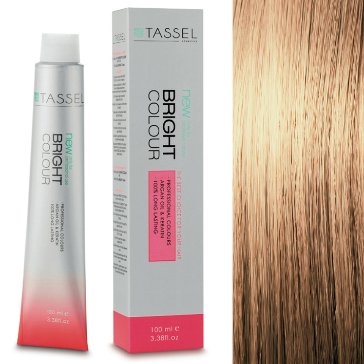 Tubo e caixa de tinta para cabelo Tassel Bright Colour e amostra de cabelo loiro