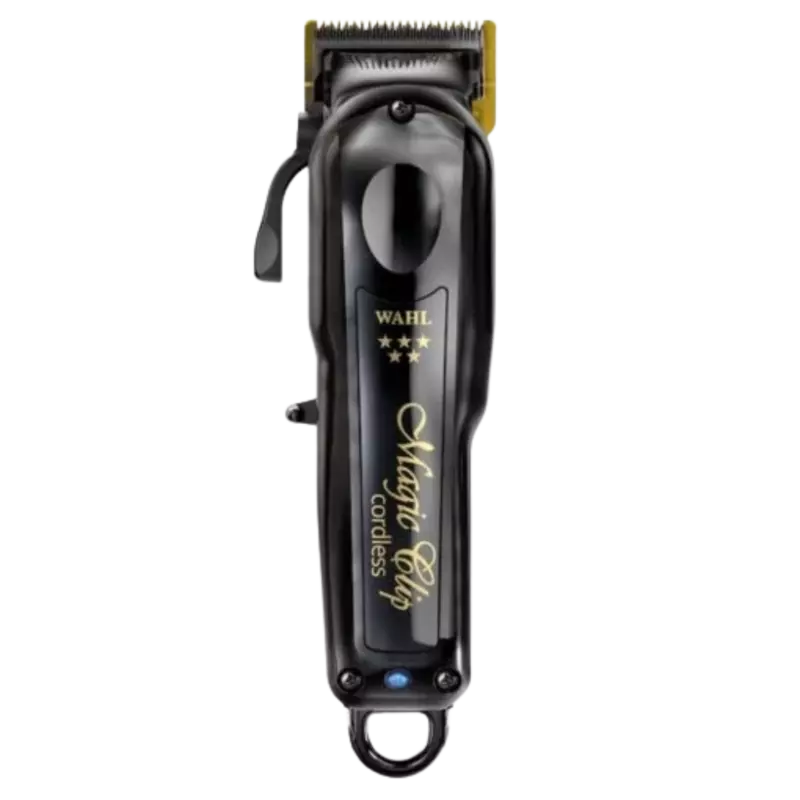 Aparelho de cortar cabelo elétrico WAHL Magic Clip em preto e dourado sobre fundo preto.