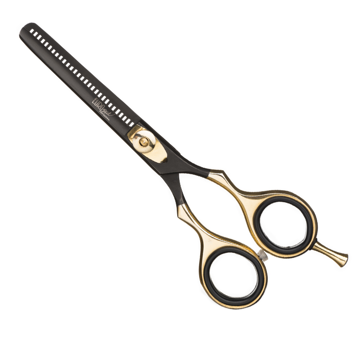 Tesoura de desbaste cabelo preto e dourado