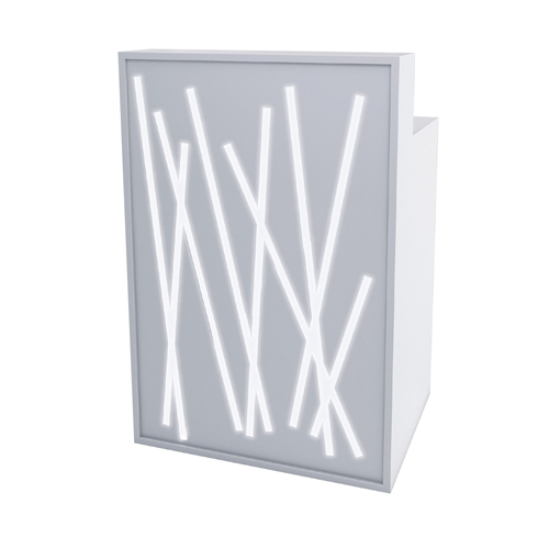 Caixa luminosa branca com luzes LED em padrão de linhas retas cruzadas