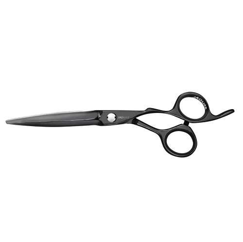 Tesoura preta para cabelo com alças ergonómicas em fundo branco