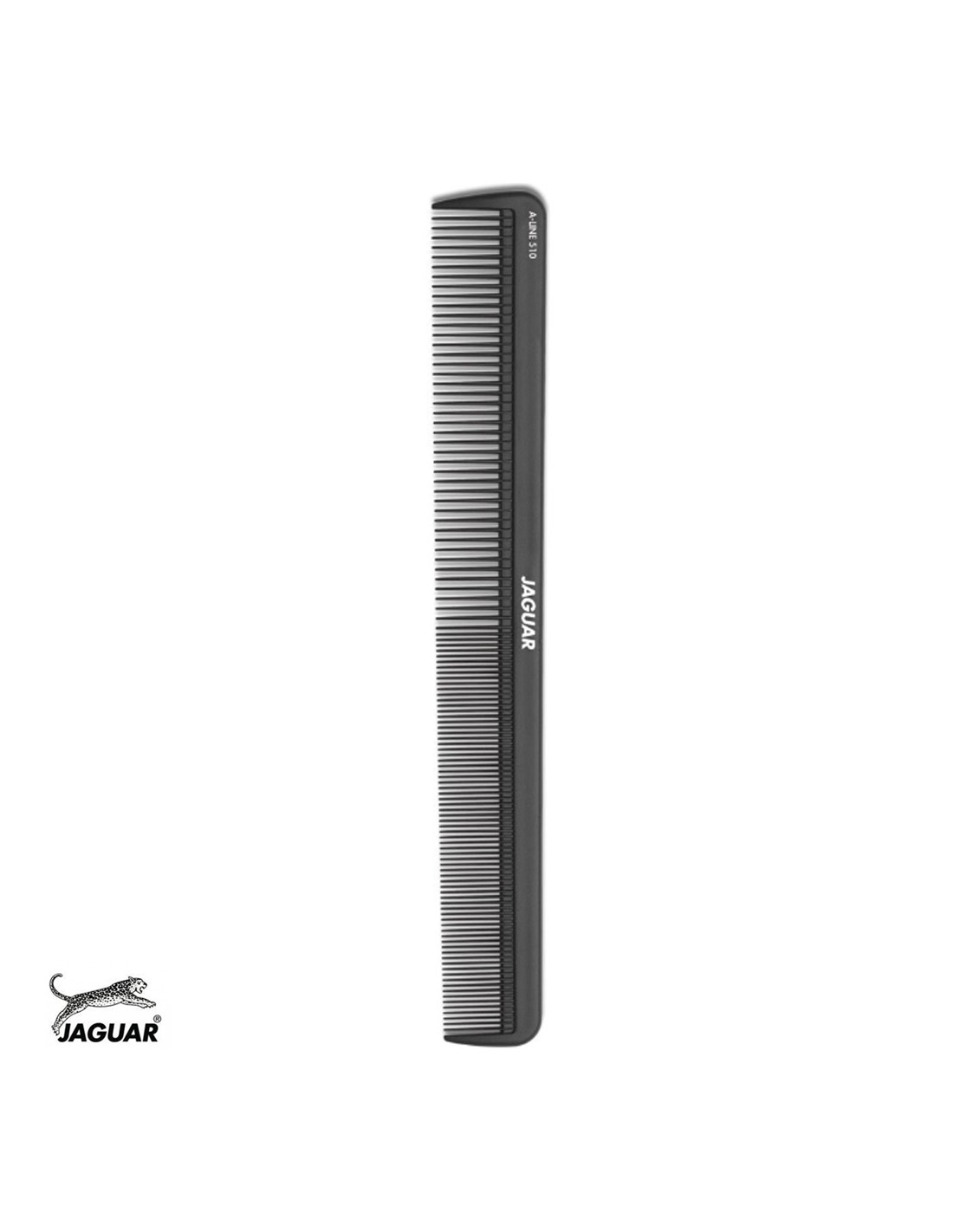 Pente preto JAGUAR com dentes finos e logótipo branco em fundo branco