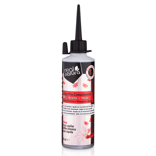 Frasco branco com tampa preta do óleo Real Natura Pro-Crescimento com design de folhas vermelhas