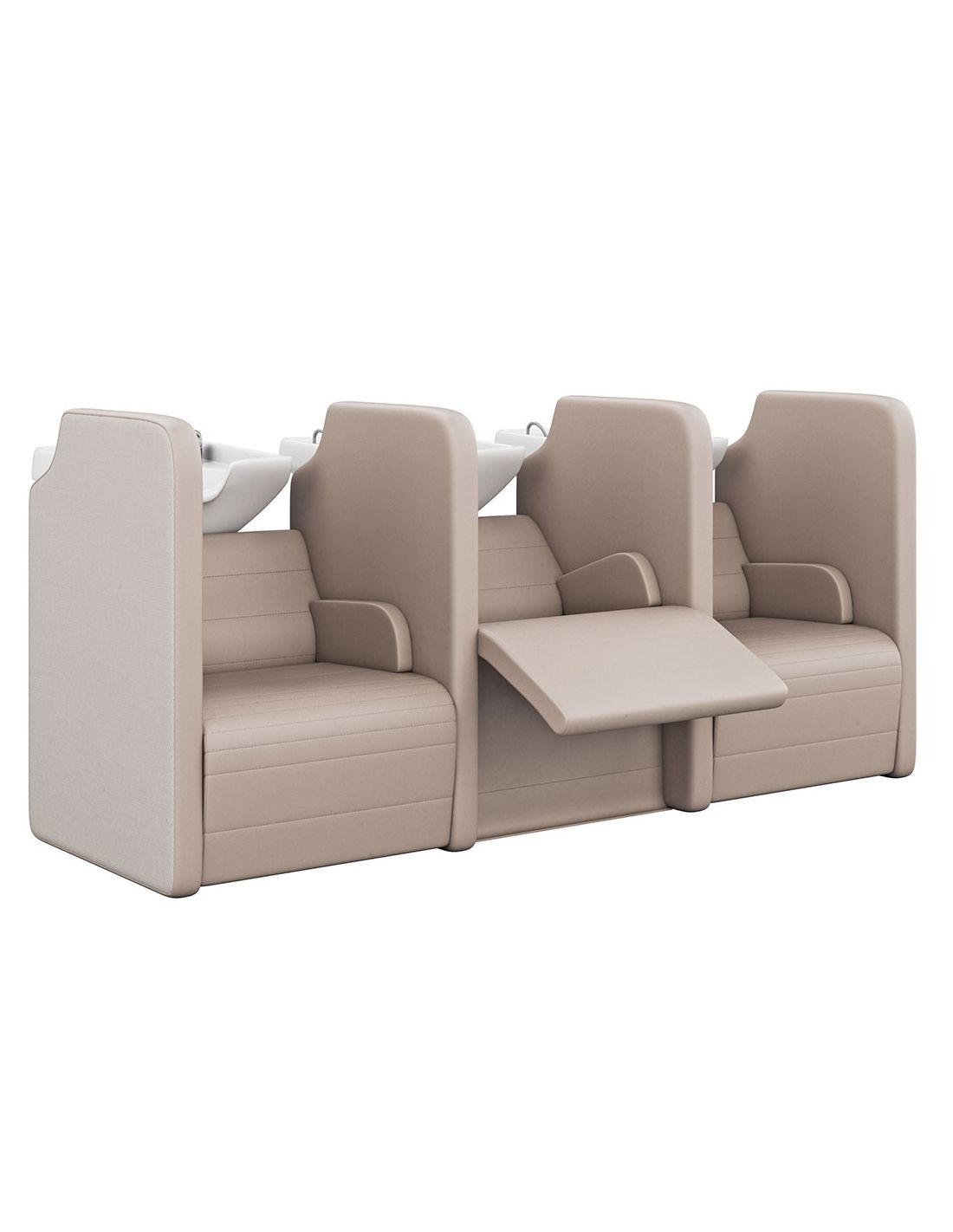 Sofá modular bege com mesa dobrável central