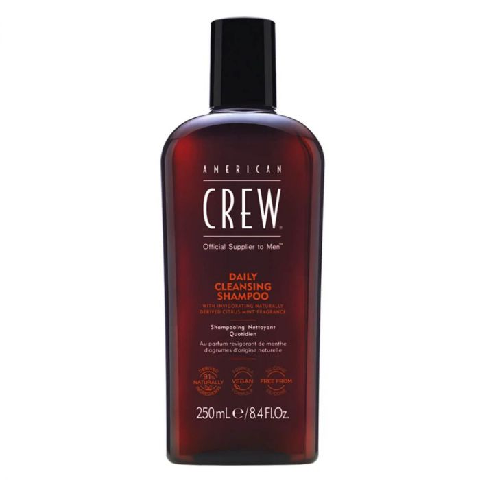 Frasco castanho escuro de champô American Crew Daily Cleansing Shampoo com tampa preta