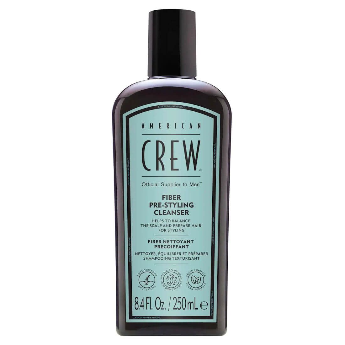 Frasco de American Crew Fiber Pre-Styling Cleanser 250 ml com rótulo azul claro e tampa preta