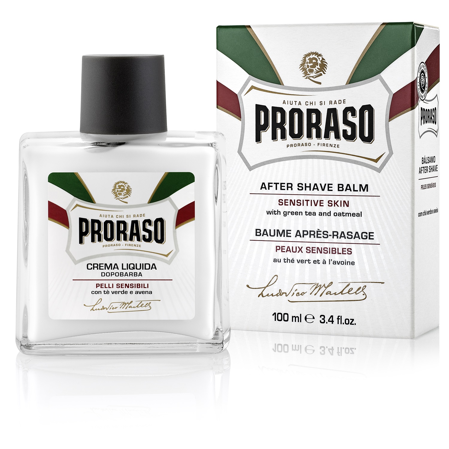 Frasco de Proraso crema líquida para pele sensível e embalagem correspondente