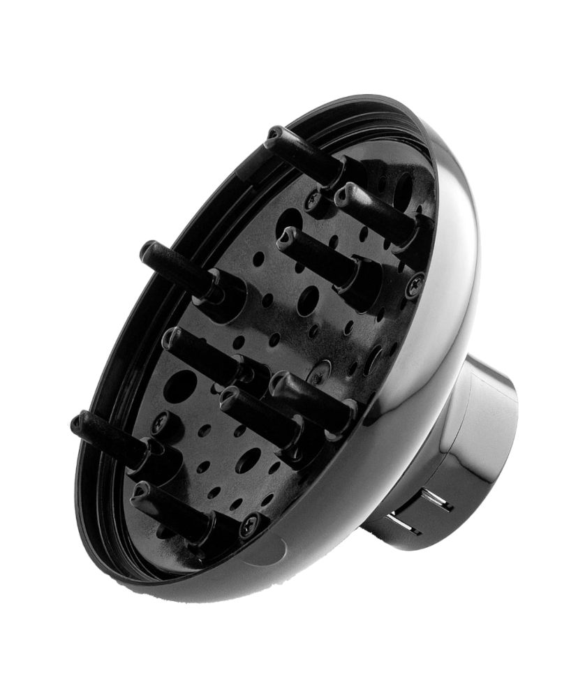 Difusor de cabelo preto e cinza com pinos cónicos em fundo branco