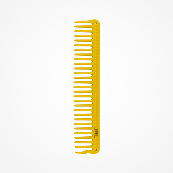 Pente amarelo em plástico com dentes alternados e padrão texturizado.