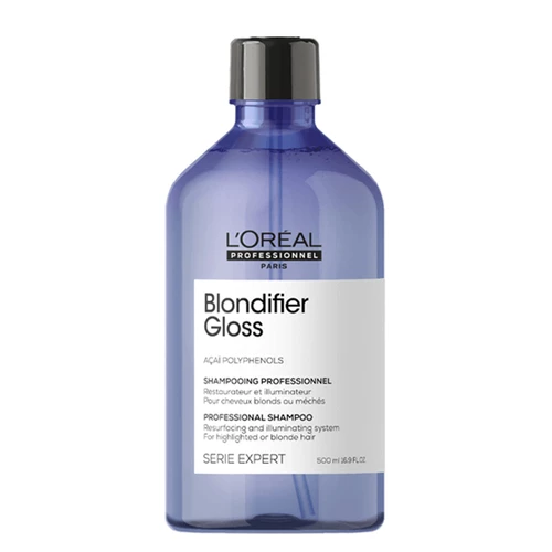Frasco azul translúcido de shampoo L'Oréal Blondifier Gloss com rótulo branco