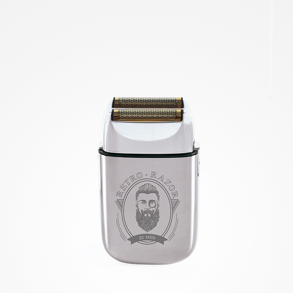 Aparelho elétrico de barbear prateado com etiqueta Retro Razor e imagem de homem com barba