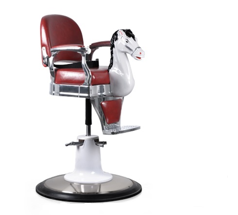 Cadeira de barbeiro infantil com tema de cavalo, base metálica e assento vermelho