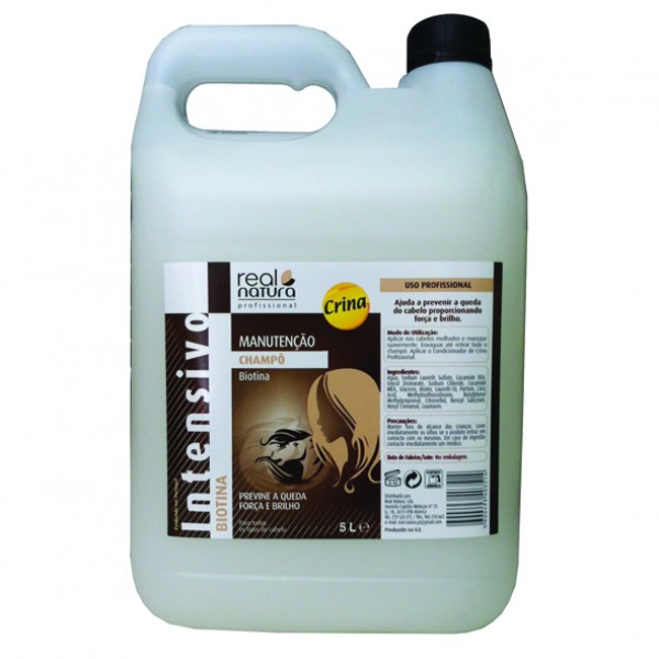Frasco grande de champô real natura professional biotina 5L com rótulo castanho e branco
