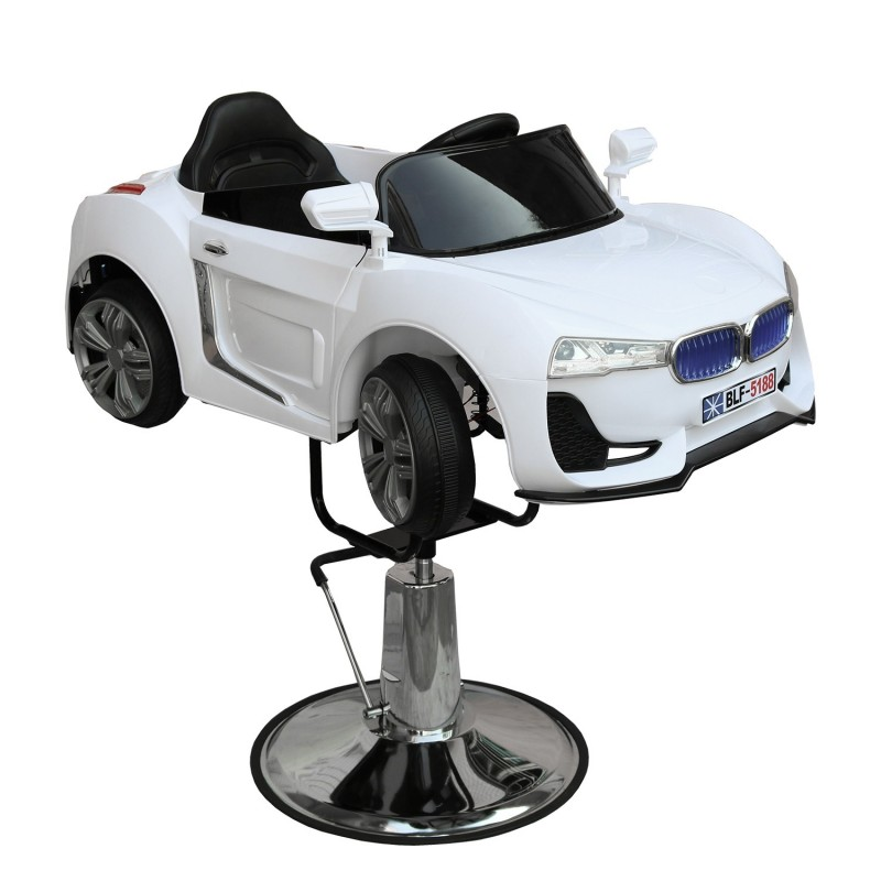 Cadeira infantil em forma de carro desportivo branco com assento preto e base metálica