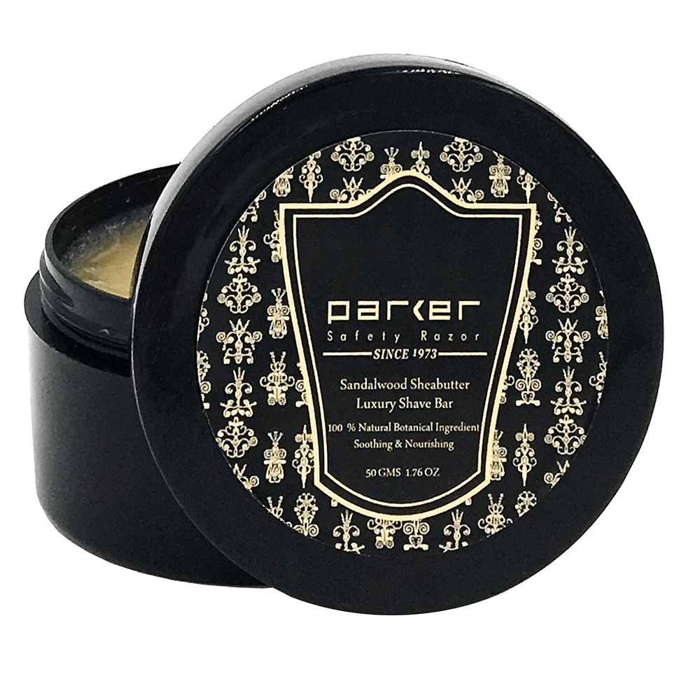 Sabonete de barbear de luxo Parker em recipiente preto com tampa decorada e texto