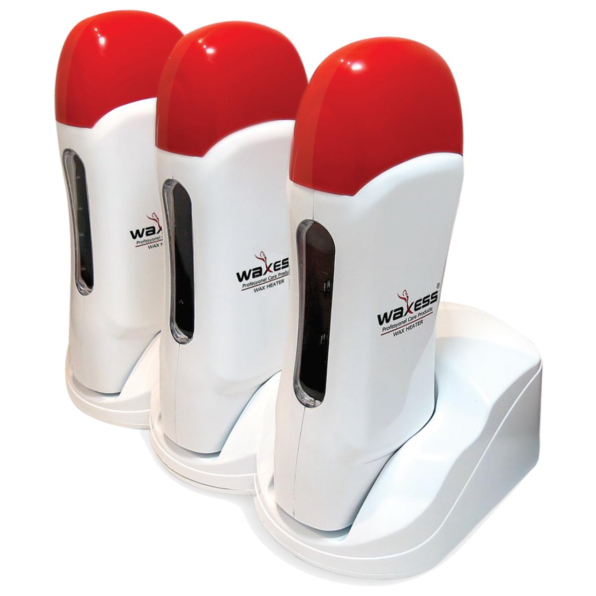 Conjunto de três depiladores eléctricos brancos com tampa vermelha em base branca