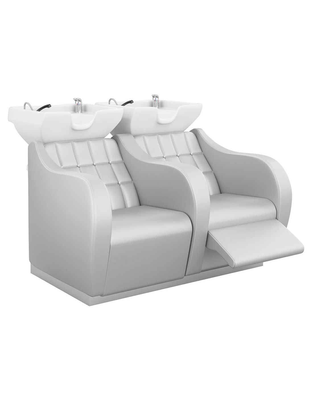 Cadeira dupla para lavagem de cabelo com bacias brancas e couro sintético cinza