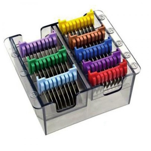 Pentes coloridos para máquina de cortar cabelo organizados em caixa transparente