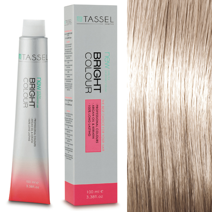 Tubo e embalagem de tinta para cabelo TASSEL Bright Colour ao lado de amostra de cabelo loiro claro.