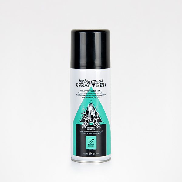 Frasco de spray para barbear com rótulo branco, tampa preta e design geométrico verde