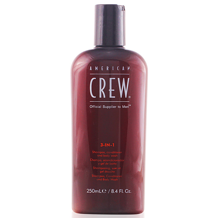 Garrafa castanha de American Crew 3-IN-1 shampoo, condicionador e gel de banho 250mL