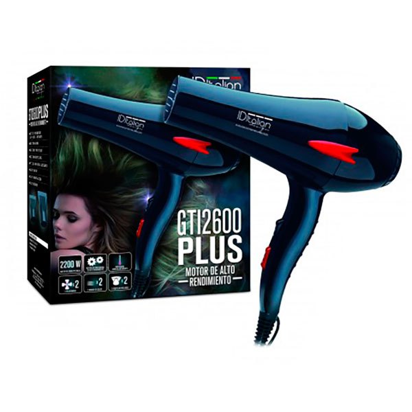 Secador de cabelo azul escuro com detalhes vermelhos e embalagem preta com texto e imagem