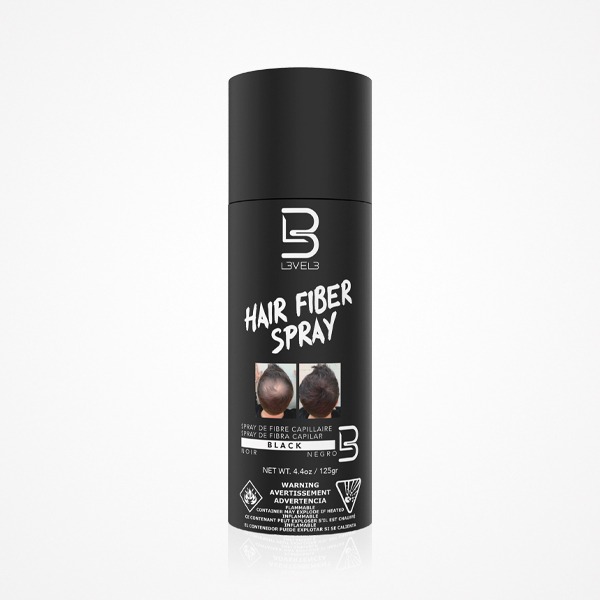 Spray para cabelo preto com texto branco e imagens de antes e depois da aplicação