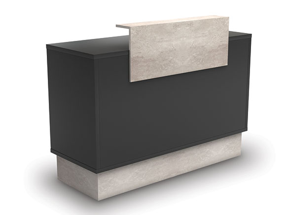 Mostrador de receção preto com painel e base em material que imita pedra clara