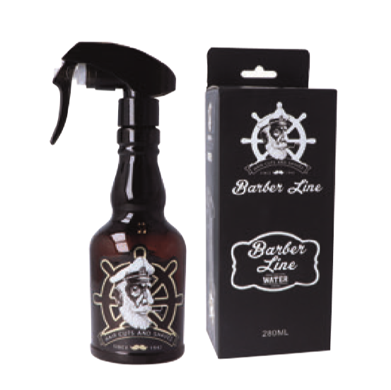 Frasco spray e caixa preta com logotipo de marinheiro e texto Barber Line WATER 280ML