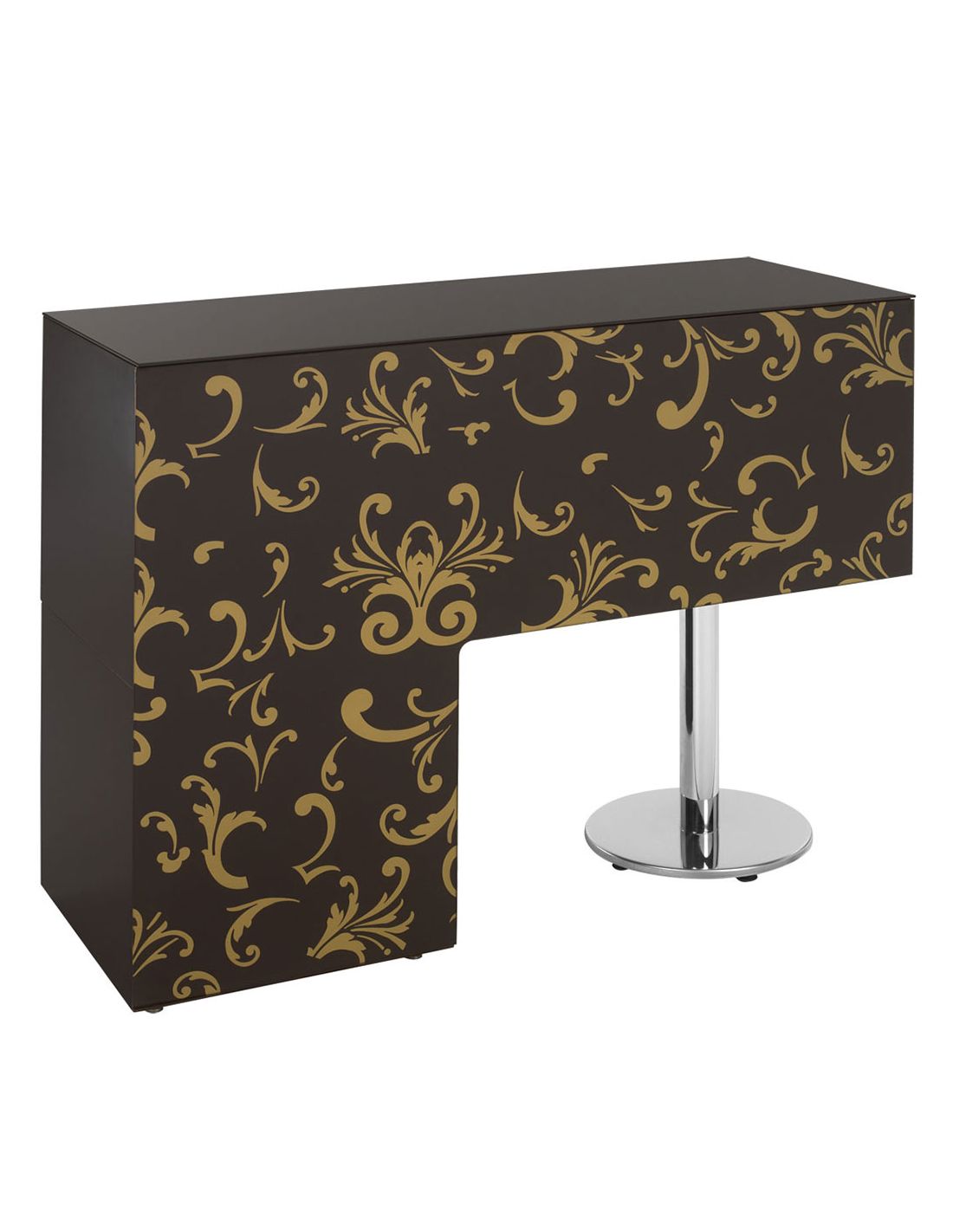 Secretária preta com padrão dourado e perna cromada
