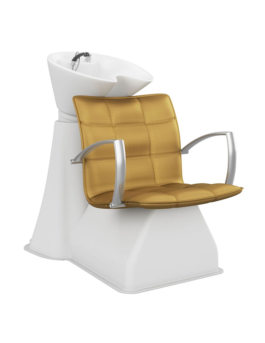Cadeira para lava-cabeças com estofamento dourado e estrutura branca