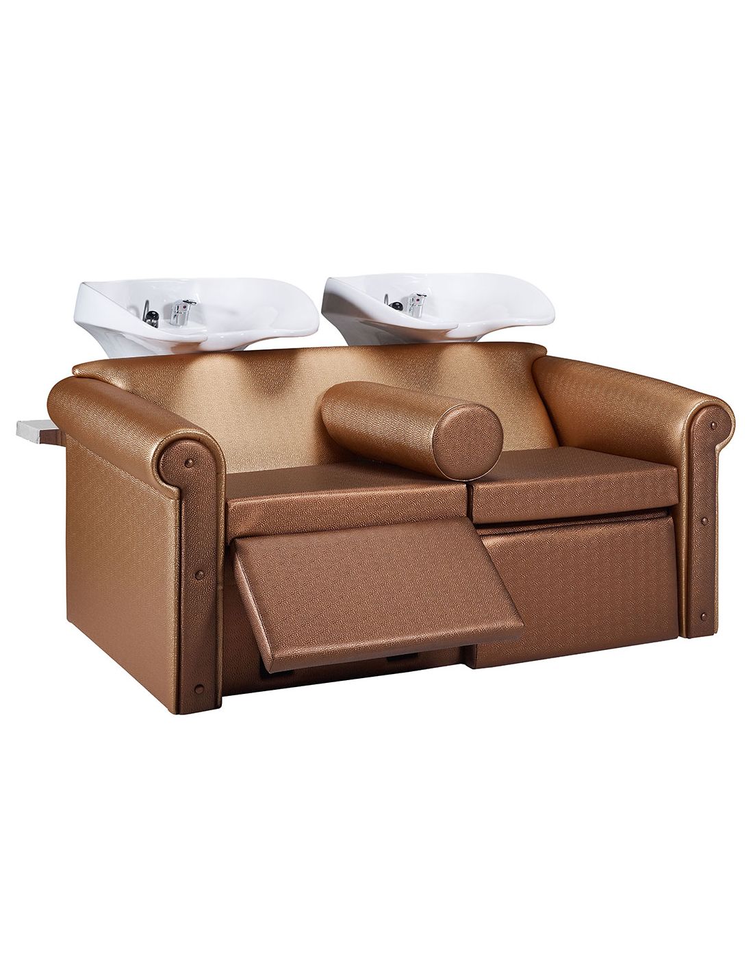 Lavatorios duplos com estofos castanhos e cubas brancas para salão