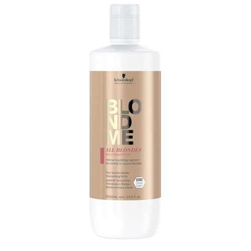 Frasco branco de shampoo Schwarzkopf BLONDME ALL BLONDES com rótulo dourado