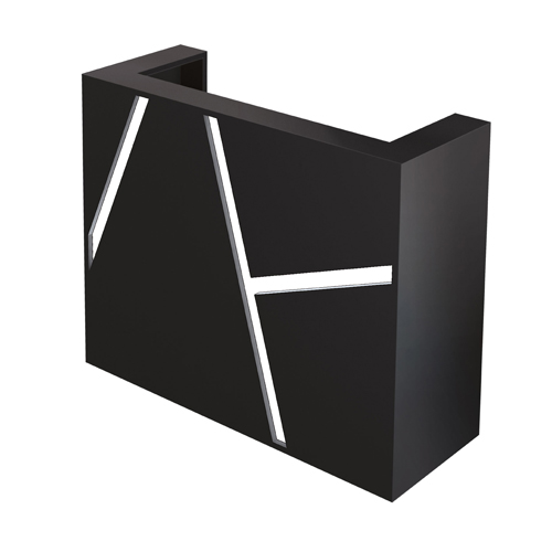 Balcão de recepção preto com iluminação branca embutida, design moderno