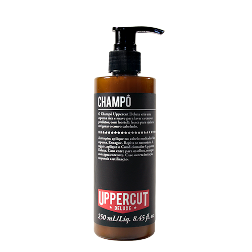 Frasco de champô Uppercut Deluxe com tampa preta e etiqueta preta e vermelha