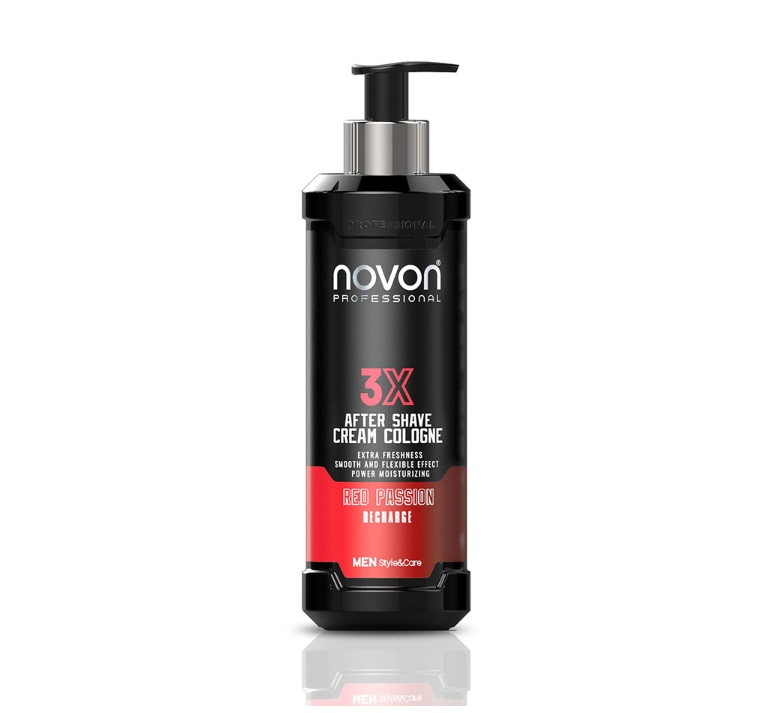 Frasco preto de creme após-barba Novon Professional 3X com doseador, rótulo vermelho e branco