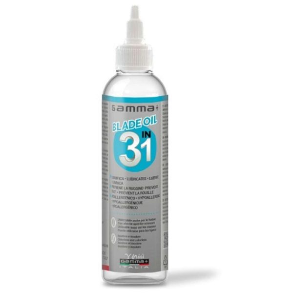 Frasco de óleo lubrificante Gamma Blade Oil 3 em 1 com rótulo cinza e azul