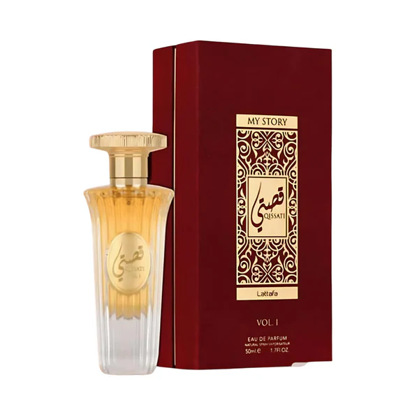 Frasco de perfume com caixa vermelha e rótulo dourado