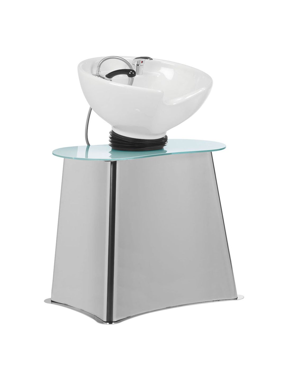 Lavatório de salão com cuba branca e base metálica