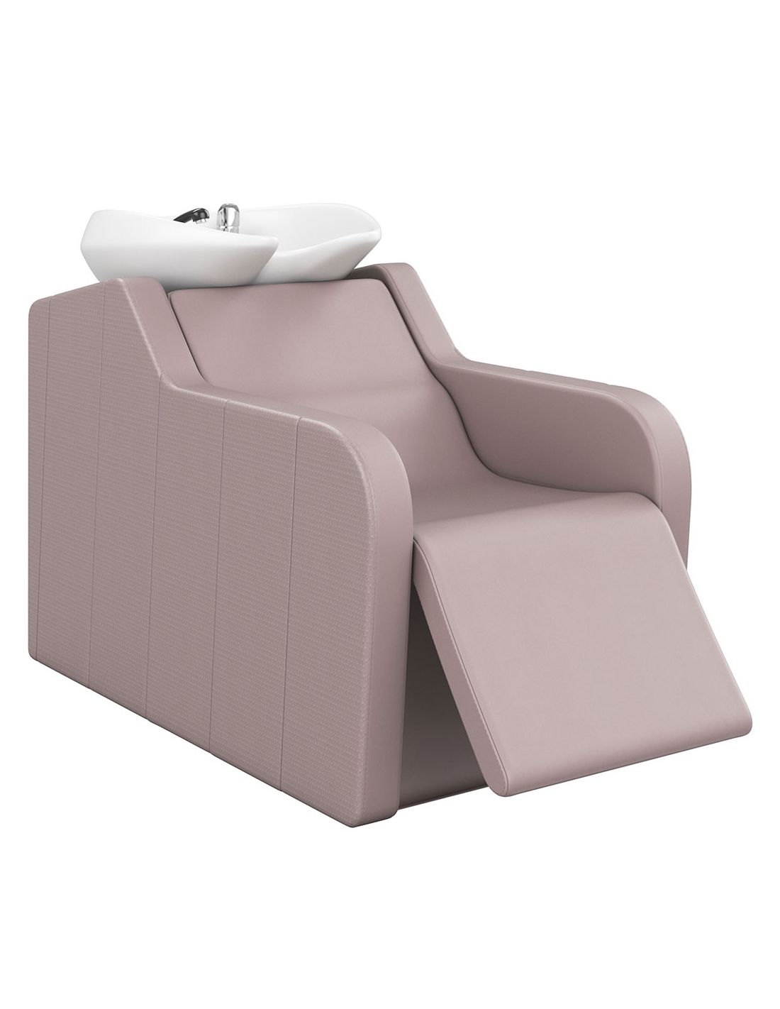 Cadeira de lavagem para cabelo rosa bege com cuba branca e acessórios metálicos