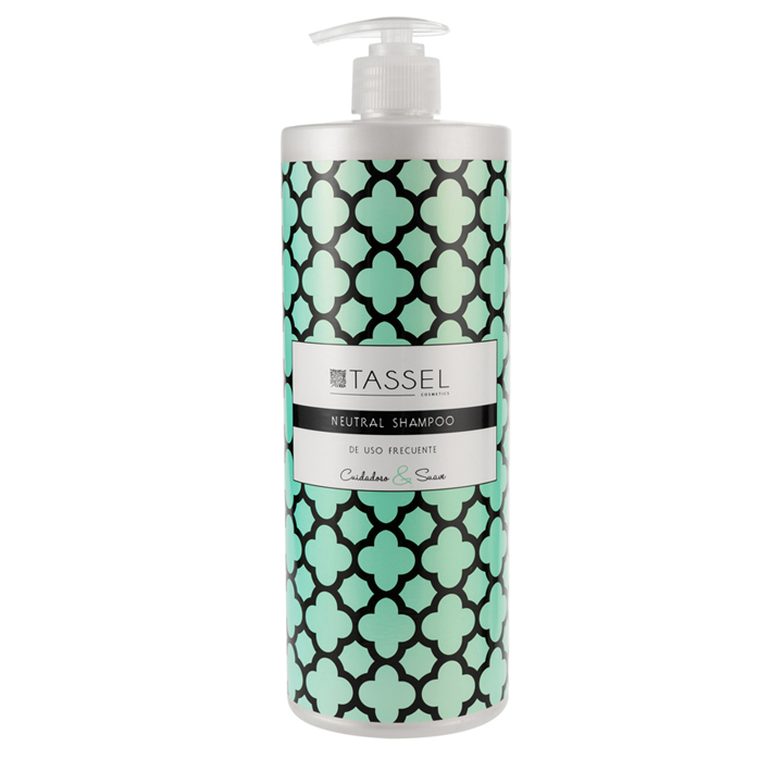 Frasco de champô TASSEL com padrão geométrico verde menta e preto