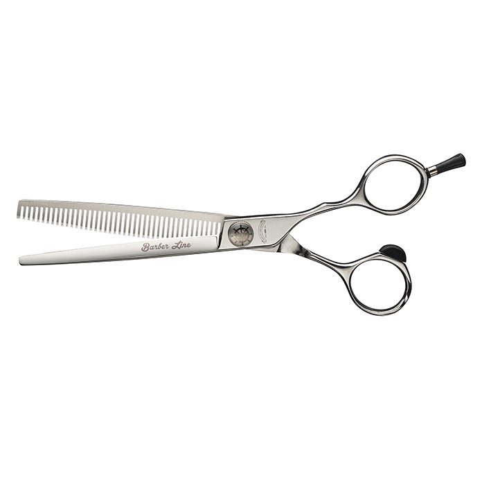 Tesoura de desbaste para cabelo em metal prateado com punhos circulares