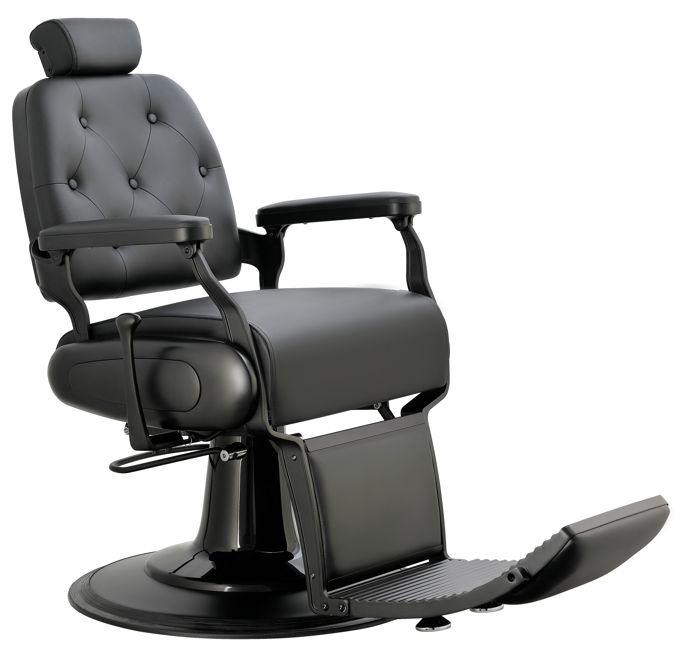 Cadeira de barbeiro preta com base redonda e apoio para pés