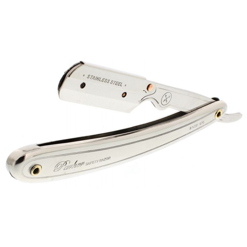 Navalha de barbear de aço inoxidável com punho prateado e texto gravado