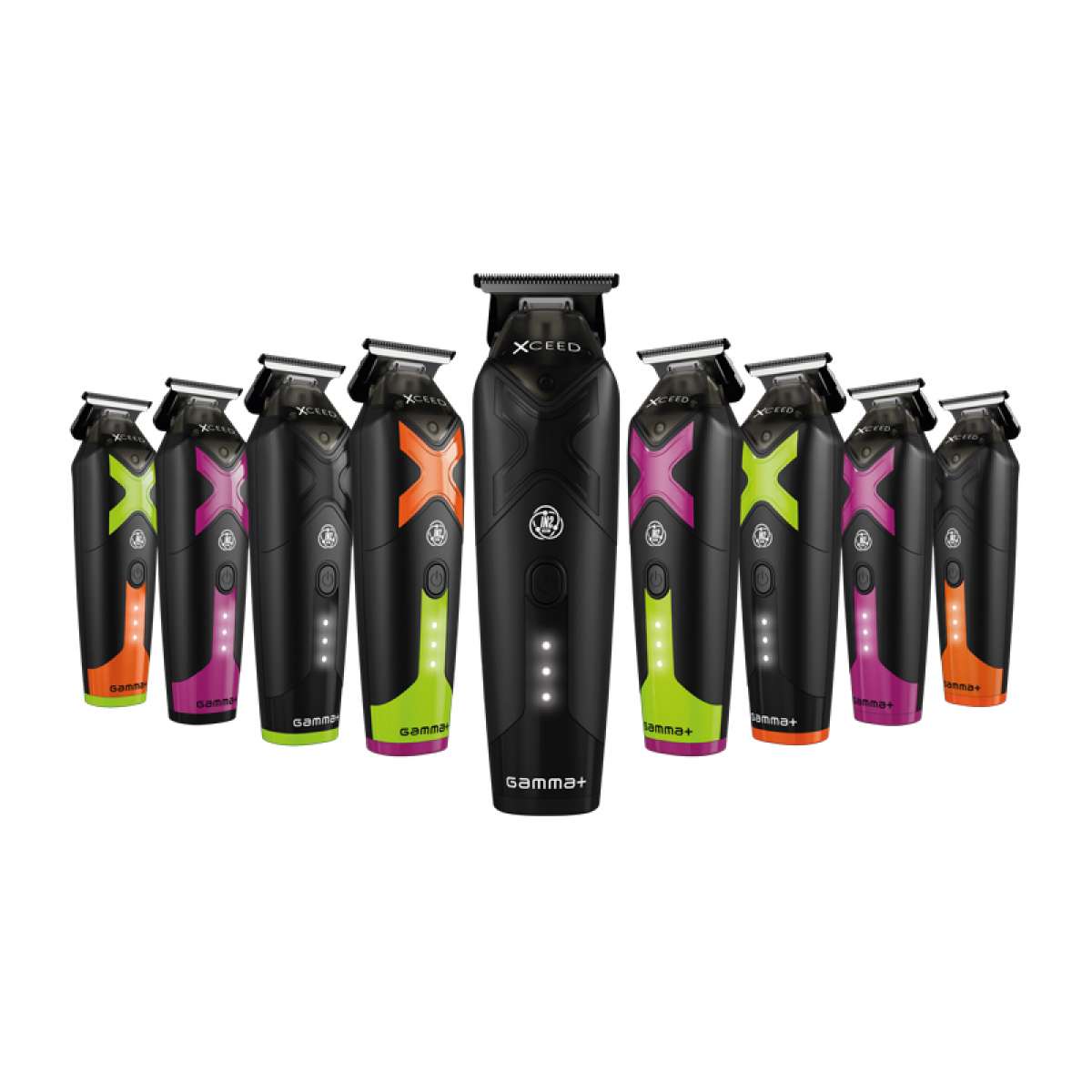 Máquinas de aparar cabelo Gamma+ XCEED com detalhes coloridos e luzes indicadoras