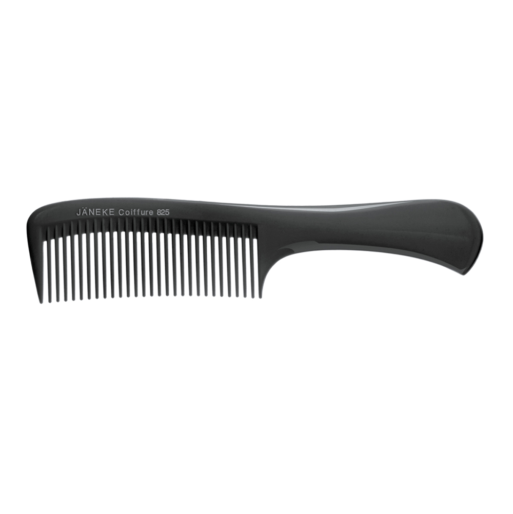 Pente preto com cabo ergonómico e dentes largos, texto branco JANEKE Coiffure 825