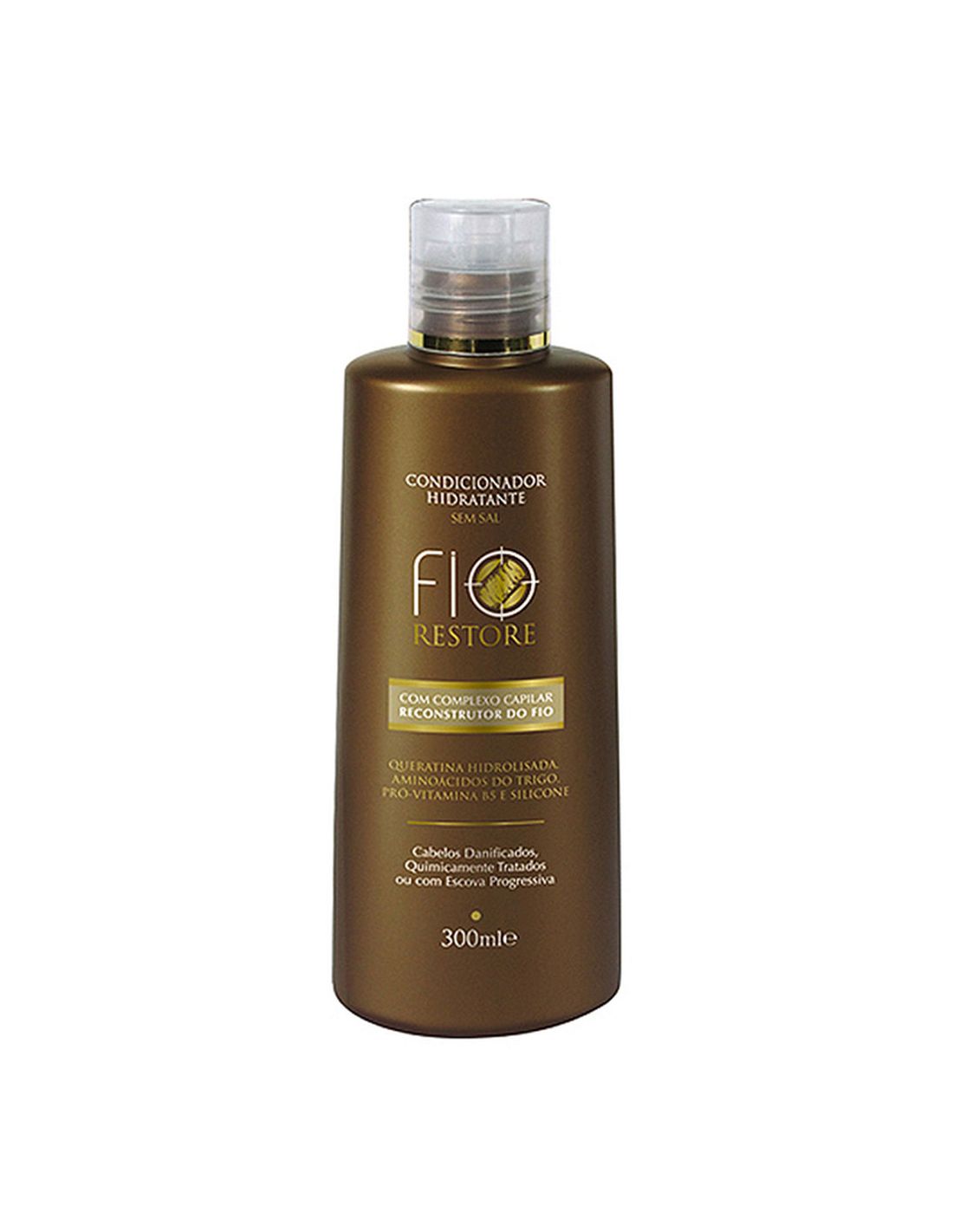 Frasco castanho metálico de condicionador hidratante Fio Restore 300 ml com tampa transparente