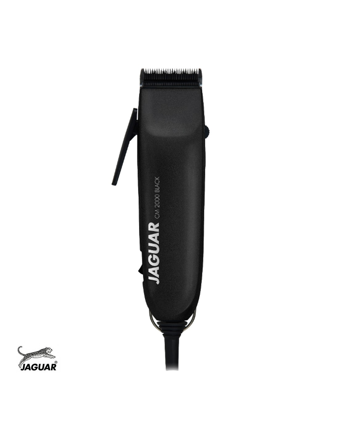 Máquina de cortar cabelo elétrica preta com texto Jaguar