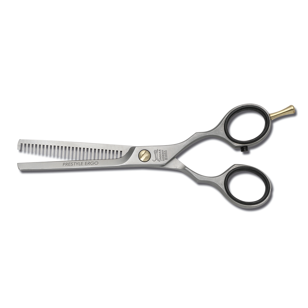 Tesoura de cabelo aço inoxidável com cabos pretos e lâmina com dentes