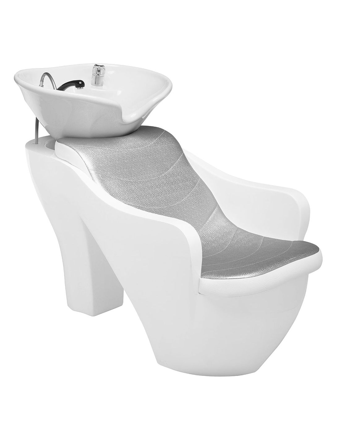 Cadeira de cabeleireiro branca com lava-cabeças e assento cinza